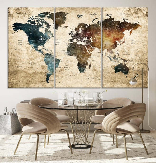 Large Push Pin Detailed World Map Wall Art Travel Map Canvas Print for Living Room