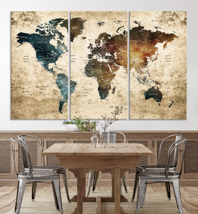 Large Push Pin Detailed World Map Wall Art Travel Map Canvas Print for Living Room