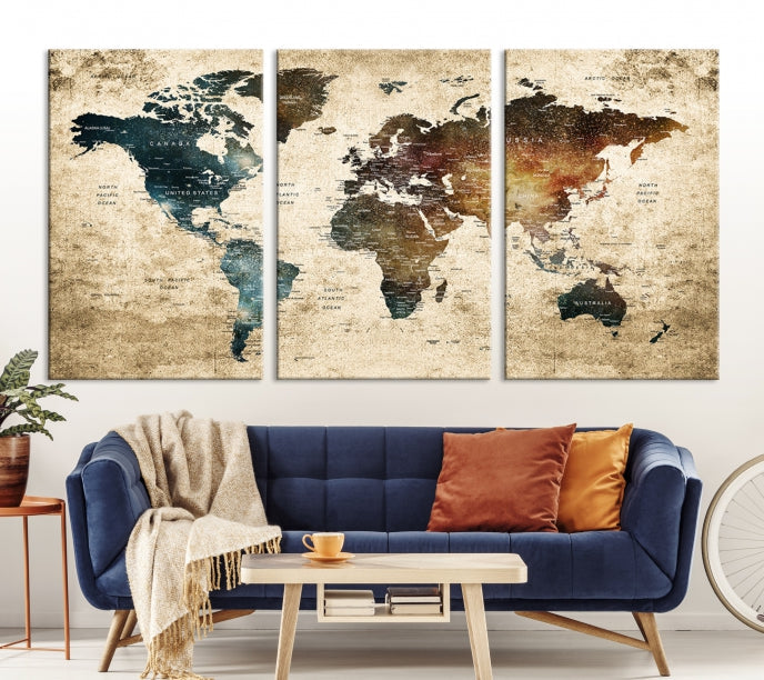 Large Push Pin Detailed World Map Wall Art Travel Map Canvas Print for Living Room