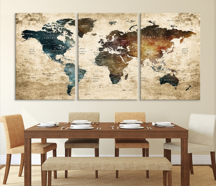 Large Push Pin Detailed World Map Wall Art Travel Map Canvas Print for Living Room