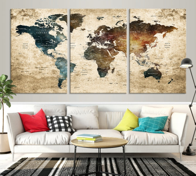 Large Push Pin Detailed World Map Wall Art Travel Map Canvas Print for Living Room