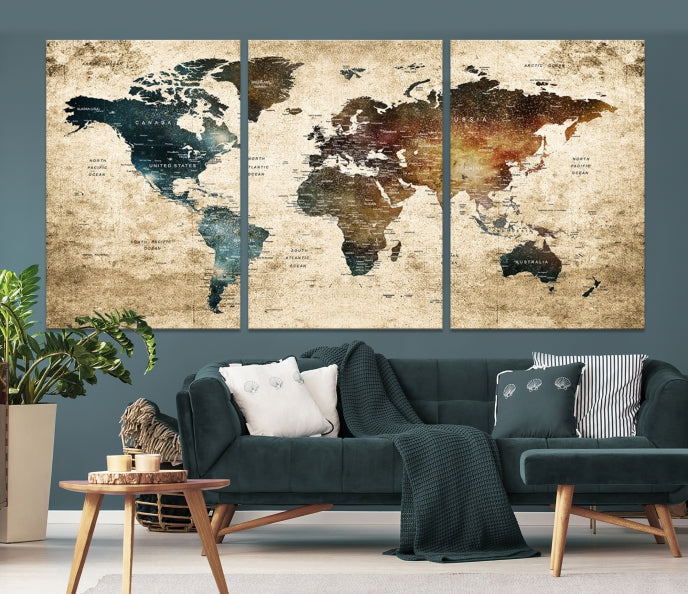 Large Push Pin Detailed World Map Wall Art Travel Map Canvas Print for Living Room