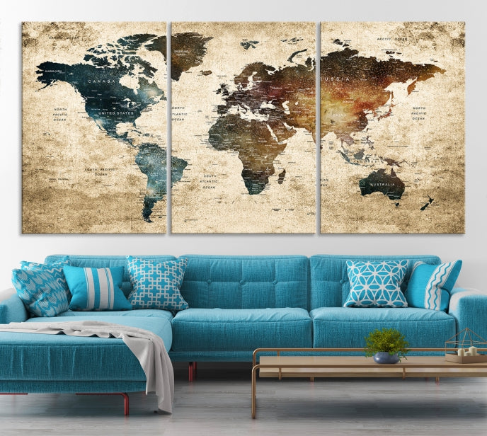 Large Push Pin Detailed World Map Wall Art Travel Map Canvas Print for Living Room