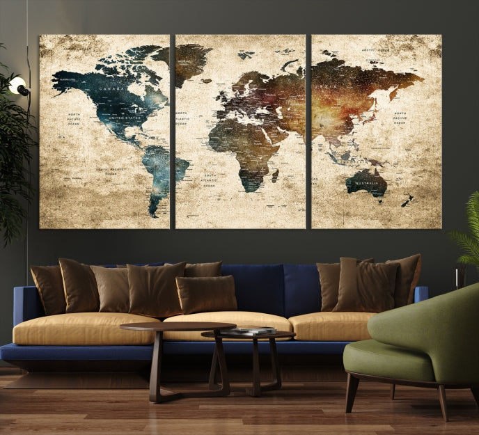 Large Push Pin Detailed World Map Wall Art Travel Map Canvas Print for Living Room