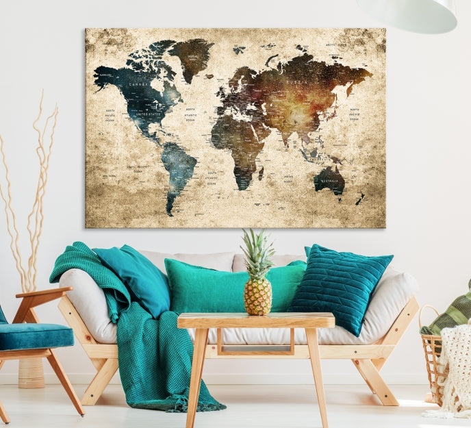 Large Push Pin Detailed World Map Wall Art Travel Map Canvas Print for Living Room