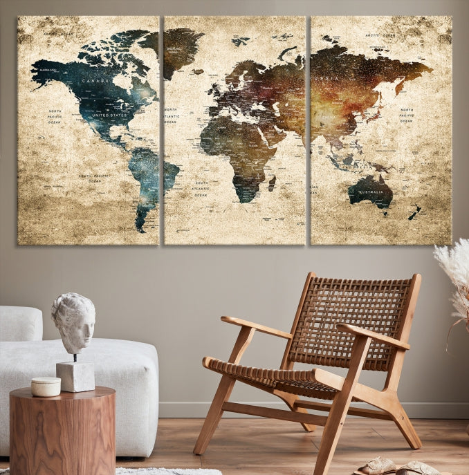 Large Push Pin Detailed World Map Wall Art Travel Map Canvas Print for Living Room