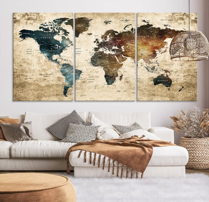 Large Push Pin Detailed World Map Wall Art Travel Map Canvas Print for Living Room