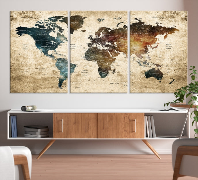 Large Push Pin Detailed World Map Wall Art Travel Map Canvas Print for Living Room