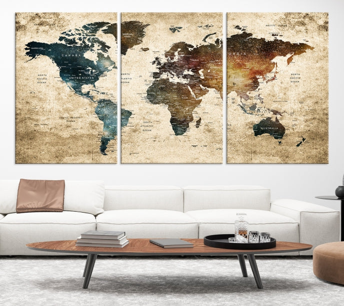 Large Push Pin Detailed World Map Wall Art Travel Map Canvas Print for Living Room