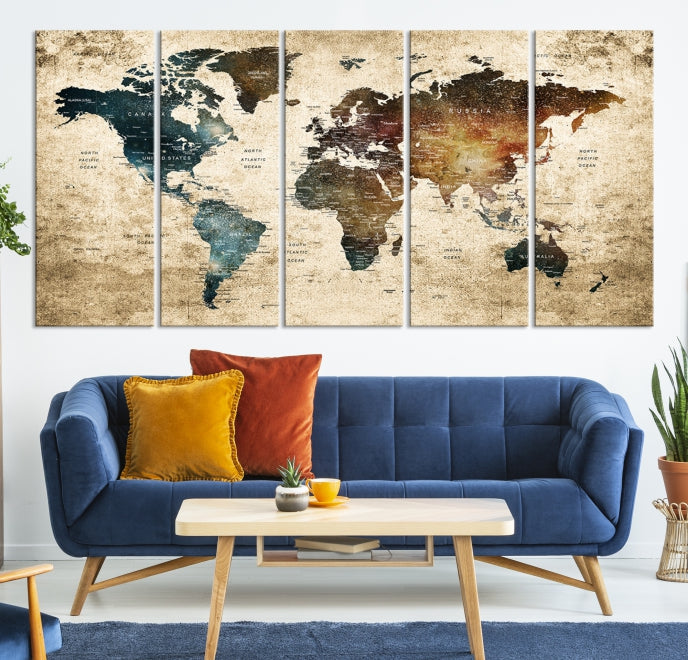 Large Push Pin Detailed World Map Wall Art Travel Map Canvas Print for Living Room