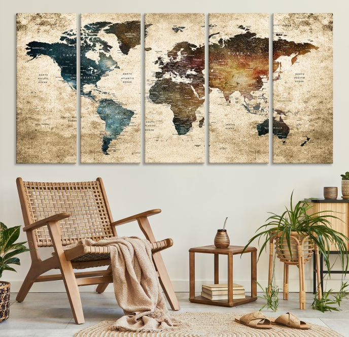 Large Push Pin Detailed World Map Wall Art Travel Map Canvas Print for Living Room