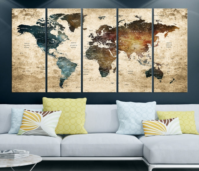 Large Push Pin Detailed World Map Wall Art Travel Map Canvas Print for Living Room