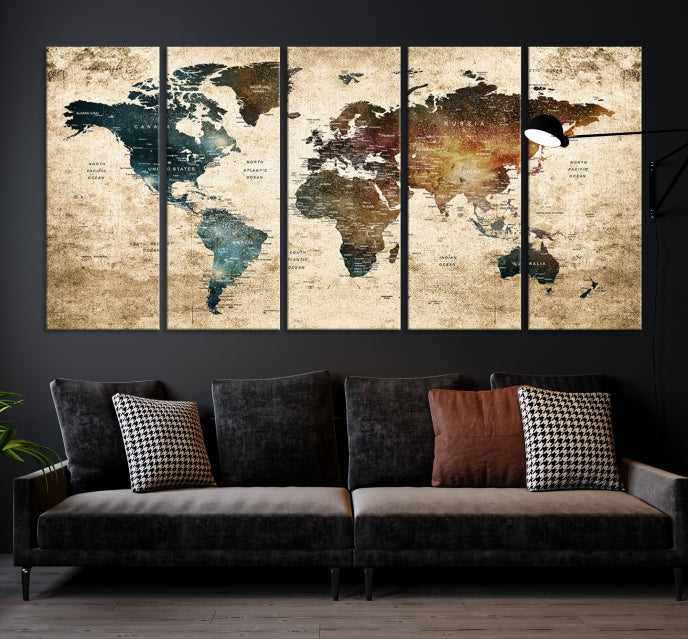 Large Push Pin Detailed World Map Wall Art Travel Map Canvas Print for Living Room