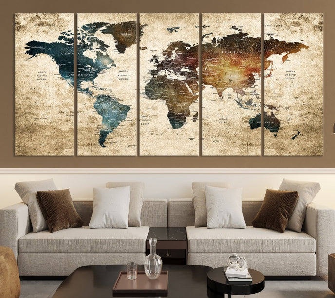 Large Push Pin Detailed World Map Wall Art Travel Map Canvas Print for Living Room