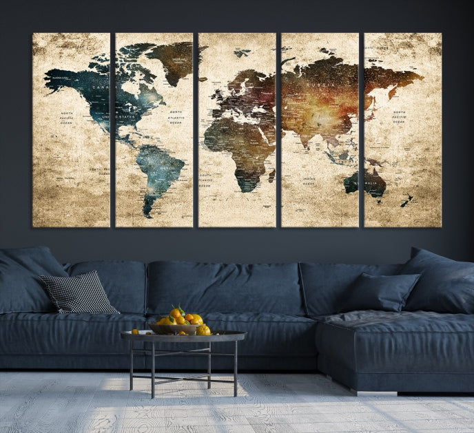 Large Push Pin Detailed World Map Wall Art Travel Map Canvas Print for Living Room