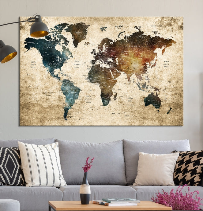 Large Push Pin Detailed World Map Wall Art Travel Map Canvas Print for Living Room