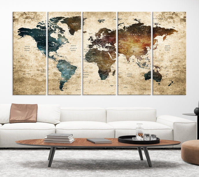 Large Push Pin Detailed World Map Wall Art Travel Map Canvas Print for Living Room