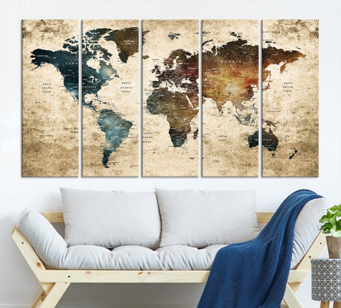 Large Push Pin Detailed World Map Wall Art Travel Map Canvas Print for Living Room