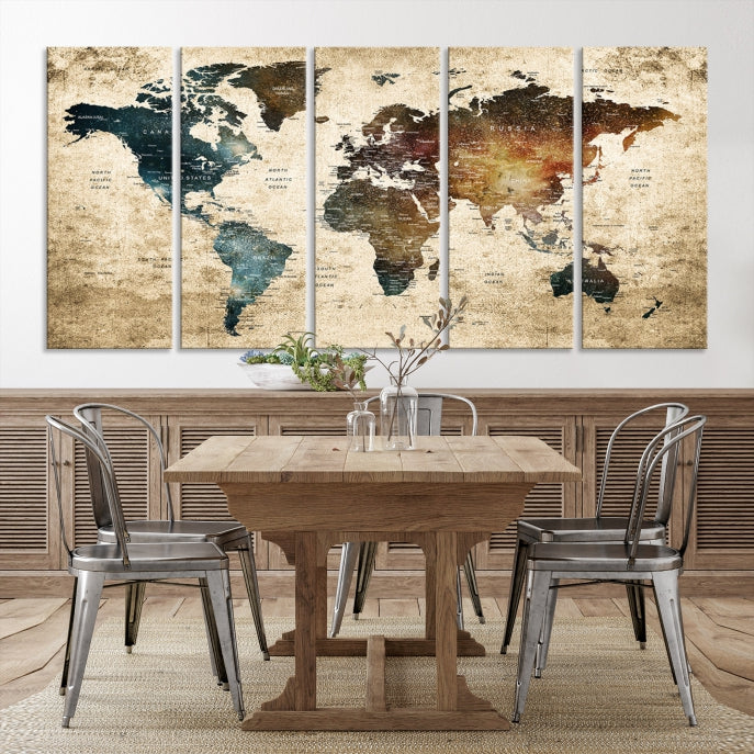 Large Push Pin Detailed World Map Wall Art Travel Map Canvas Print for Living Room