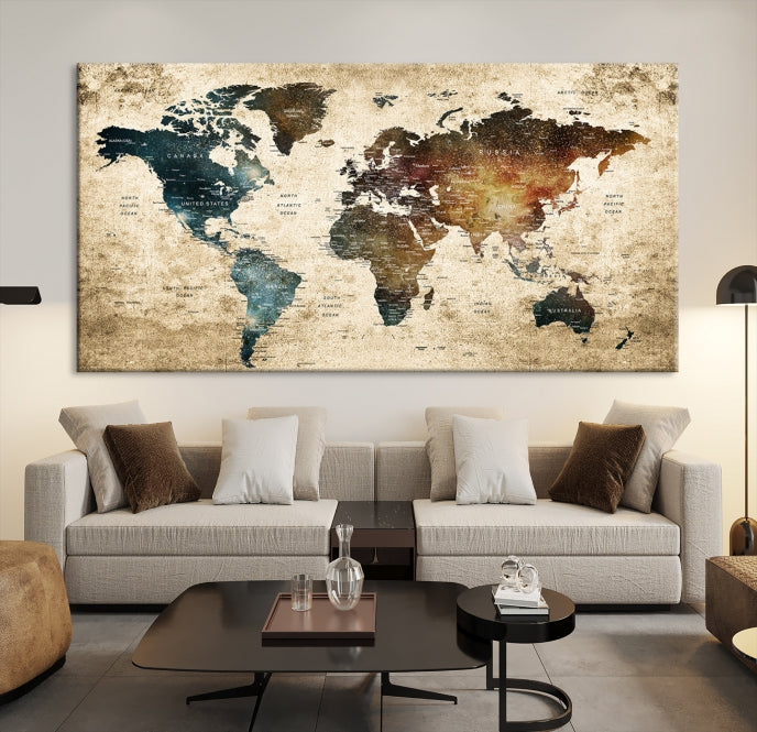 Large Push Pin Detailed World Map Wall Art Travel Map Canvas Print for Living Room