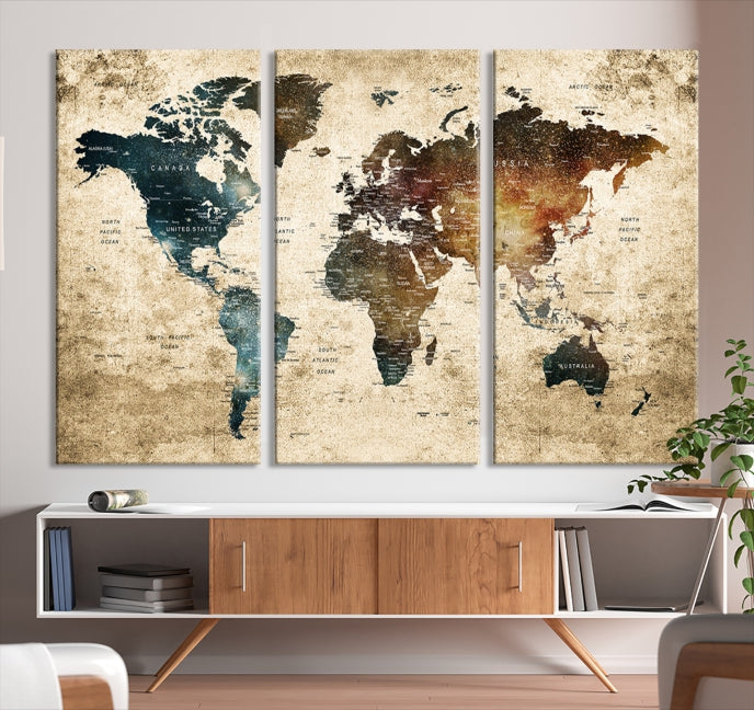 Large Push Pin Detailed World Map Wall Art Travel Map Canvas Print for Living Room