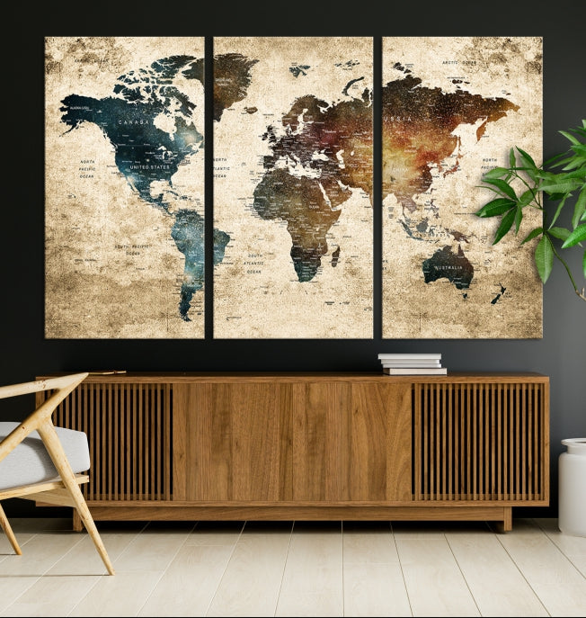 Large Push Pin Detailed World Map Wall Art Travel Map Canvas Print for Living Room