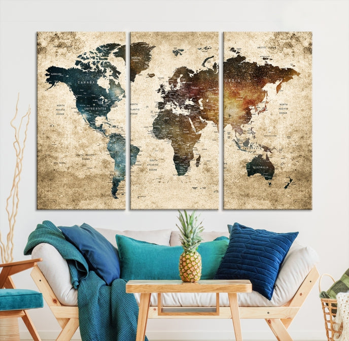 Large Push Pin Detailed World Map Wall Art Travel Map Canvas Print for Living Room