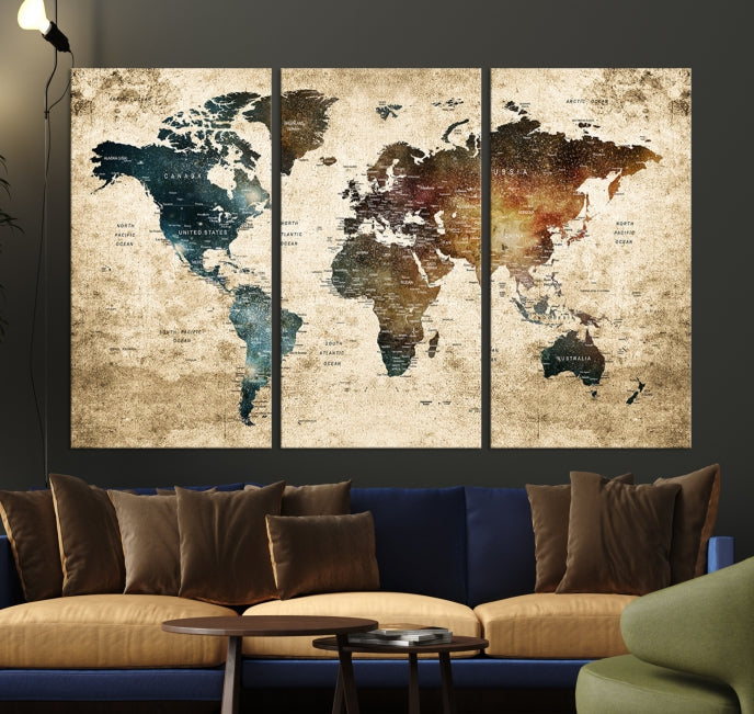 Large Push Pin Detailed World Map Wall Art Travel Map Canvas Print for Living Room