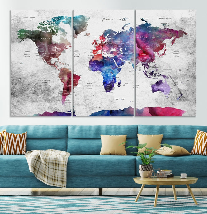 Large Push Pin World Map Canvas Print Framed Wall Decor Map Art Painting