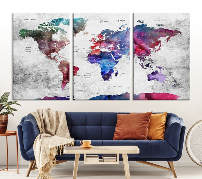 Large Push Pin World Map Canvas Print Framed Wall Decor Map Art Painting