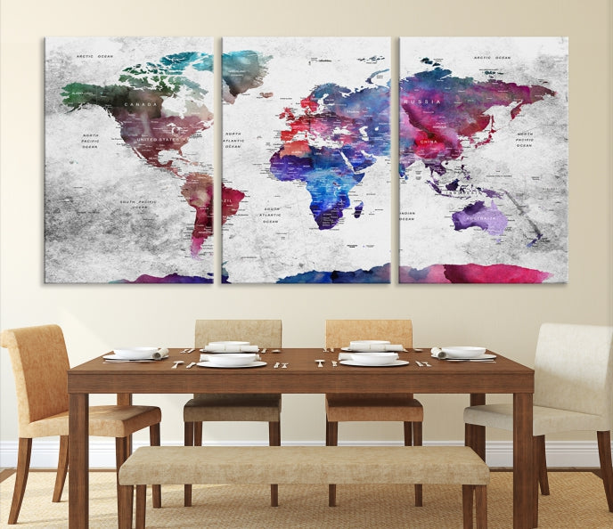 Large Push Pin World Map Canvas Print Framed Wall Decor Map Art Painting