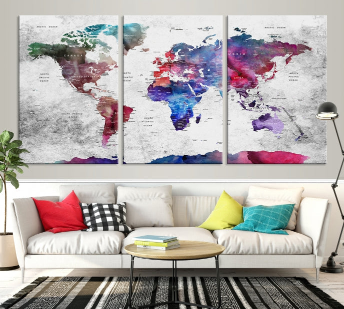 Large Push Pin World Map Canvas Print Framed Wall Decor Map Art Painting