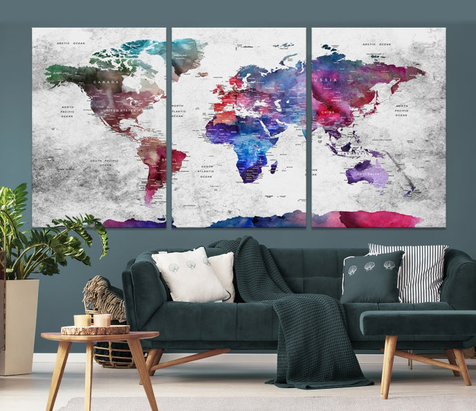 Large Push Pin World Map Canvas Print Framed Wall Decor Map Art Painting