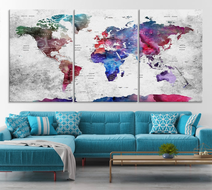 Large Push Pin World Map Canvas Print Framed Wall Decor Map Art Painting