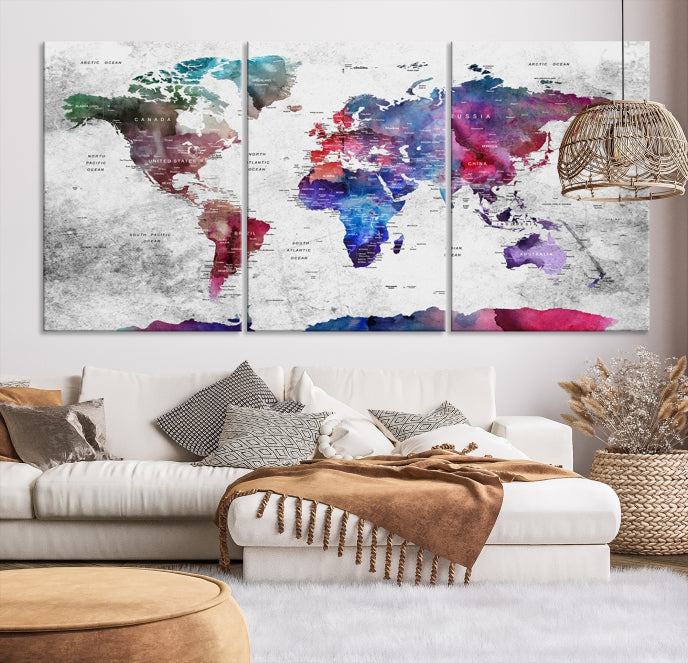 Large Push Pin World Map Canvas Print Framed Wall Decor Map Art Painting