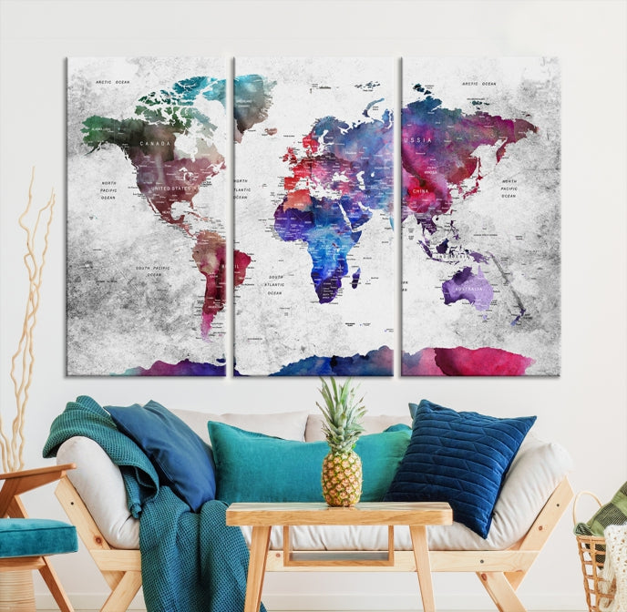 Large Push Pin World Map Canvas Print Framed Wall Decor Map Art Painting