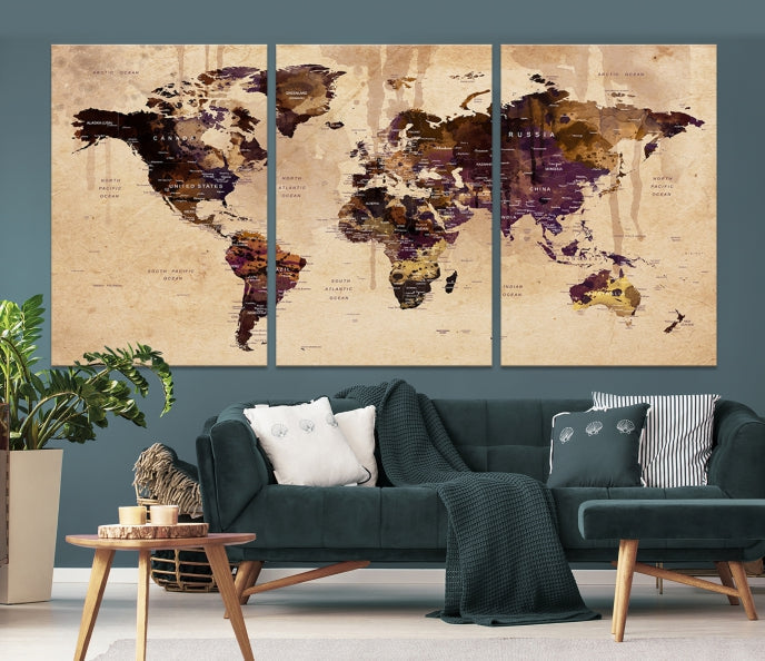 Large Push Pin World Map Detailed Map Canvas Wall Art Print Home Office Decor