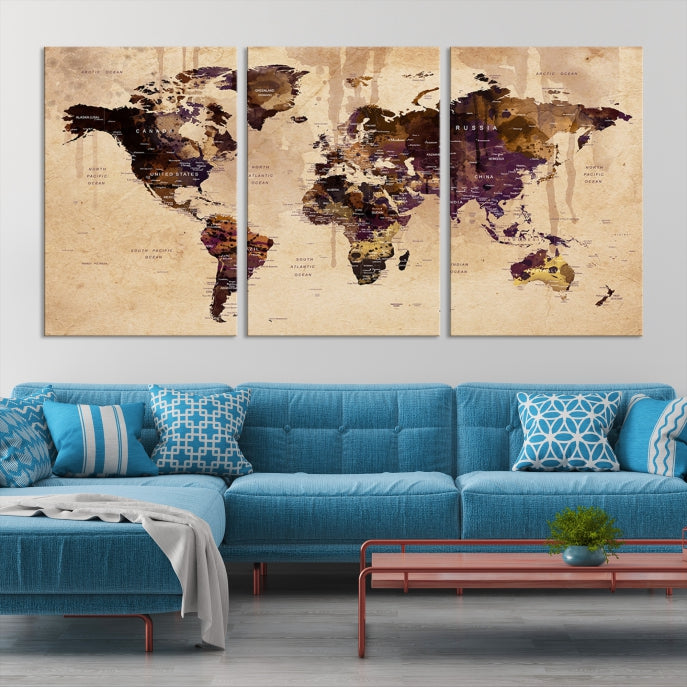 Large Push Pin World Map Detailed Map Canvas Wall Art Print Home Office Decor