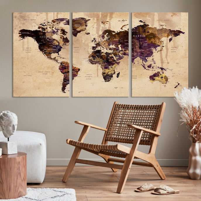 Large Push Pin World Map Detailed Map Canvas Wall Art Print Home Office Decor