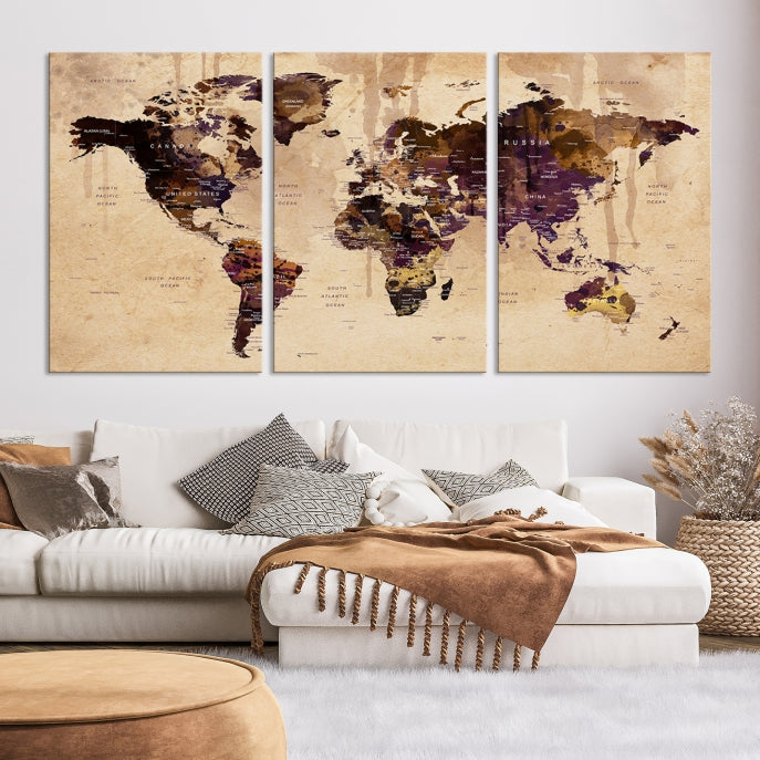 Large Push Pin World Map Detailed Map Canvas Wall Art Print Home Office Decor