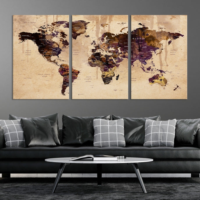 Large Push Pin World Map Detailed Map Canvas Wall Art Print Home Office Decor