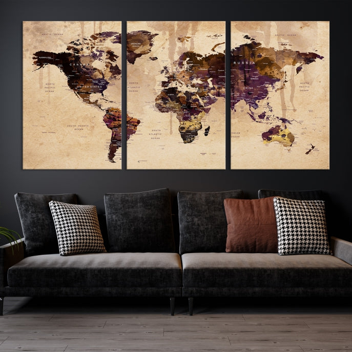 Large Push Pin World Map Detailed Map Canvas Wall Art Print Home Office Decor