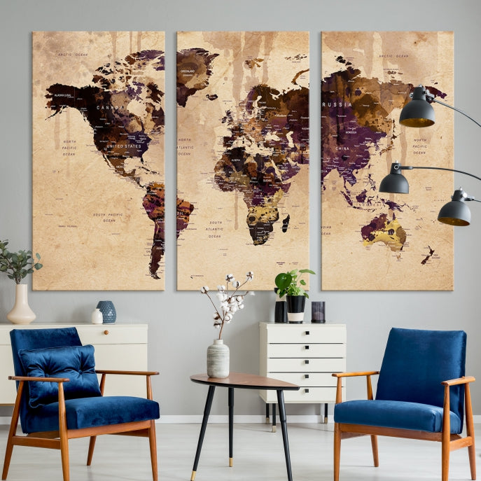 Large Push Pin World Map Detailed Map Canvas Wall Art Print Home Office Decor