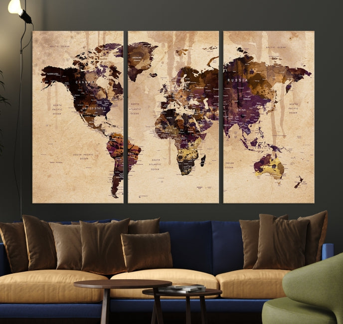 Large Push Pin World Map Detailed Map Canvas Wall Art Print Home Office Decor