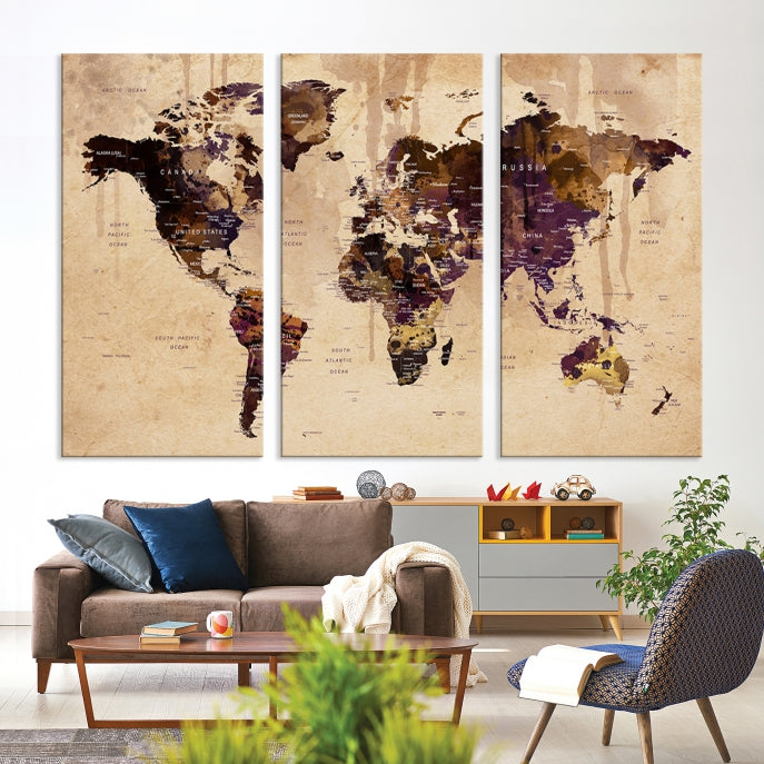 Large Push Pin World Map Detailed Map Canvas Wall Art Print Home Office Decor