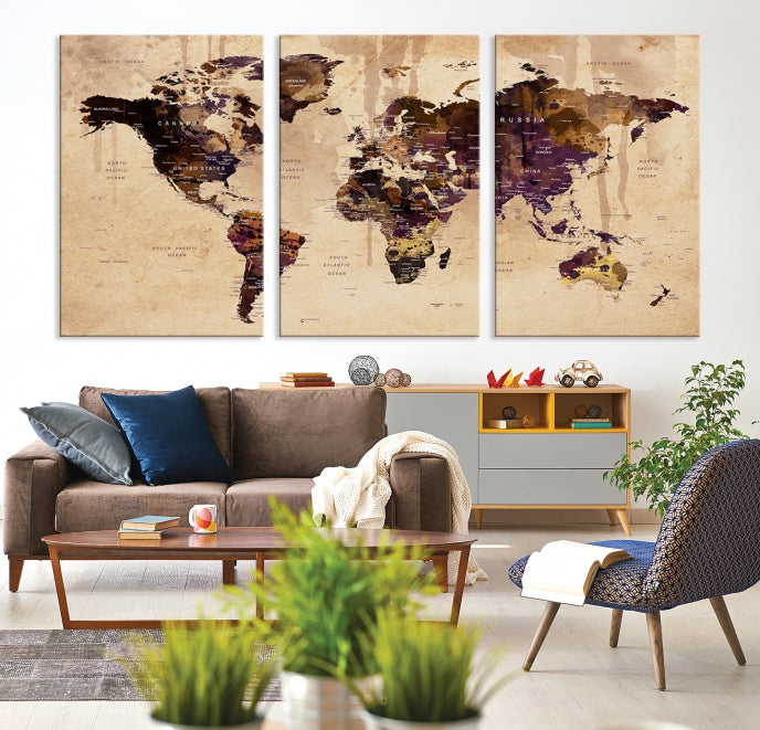 Large Push Pin World Map Detailed Map Canvas Wall Art Print Home Office Decor