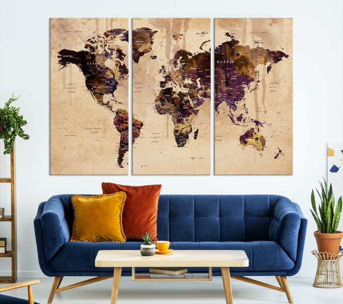 Large Push Pin World Map Detailed Map Canvas Wall Art Print Home Office Decor