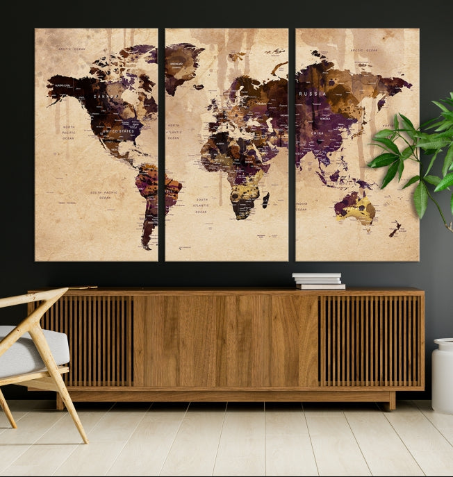 Large Push Pin World Map Detailed Map Canvas Wall Art Print Home Office Decor