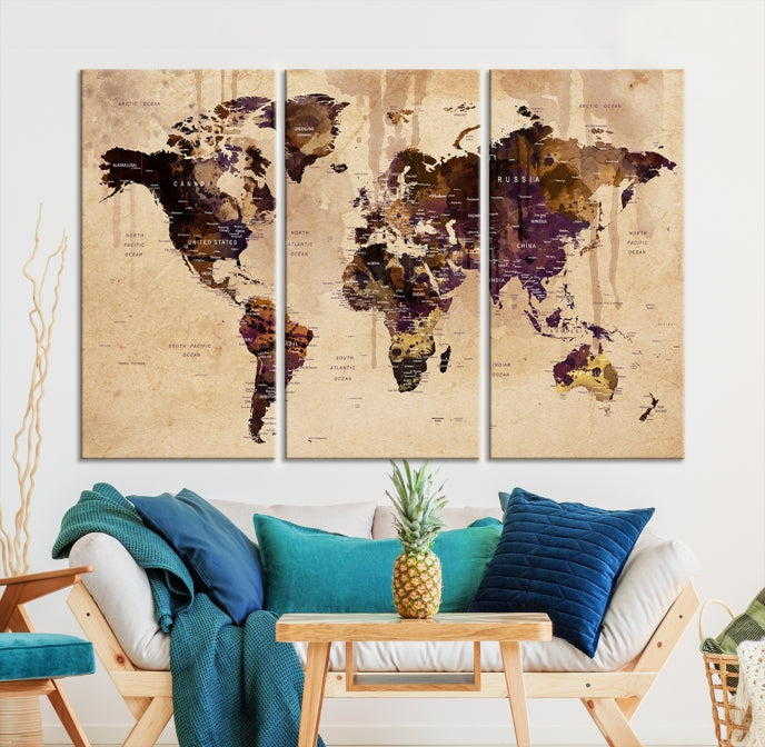 Large Push Pin World Map Detailed Map Canvas Wall Art Print Home Office Decor