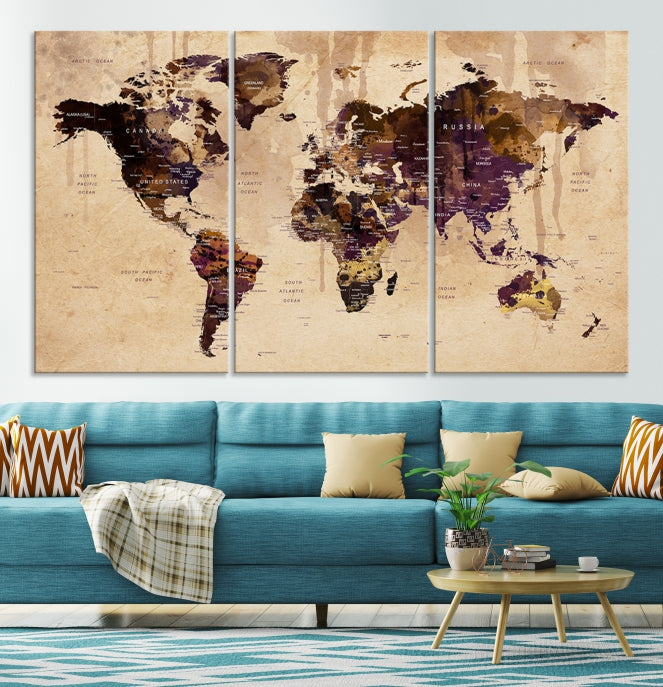 Large Push Pin World Map Detailed Map Canvas Wall Art Print Home Office Decor